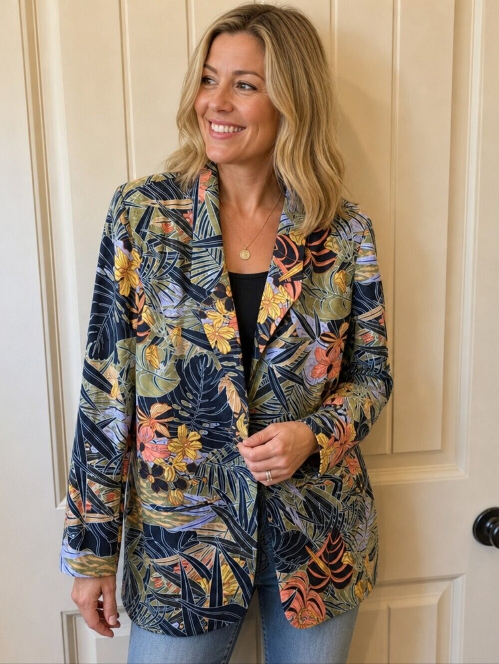 Vintage 90s Spiegel Dark Floral Tropical Blazer Jacket Sz 14 Rayon Challis